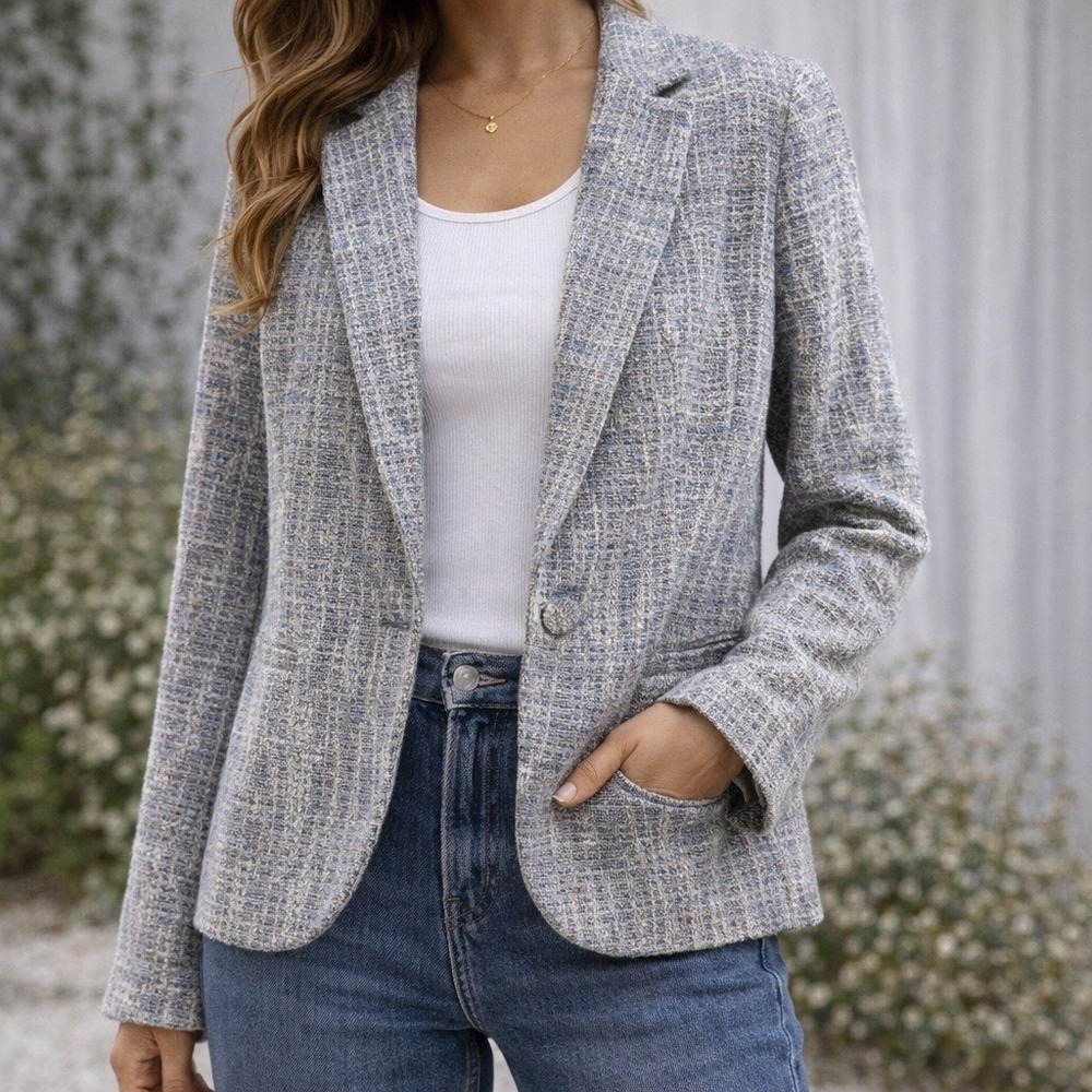 Preppy Tweed Blazer Women L Blue Single Button Minimalist Office Wear